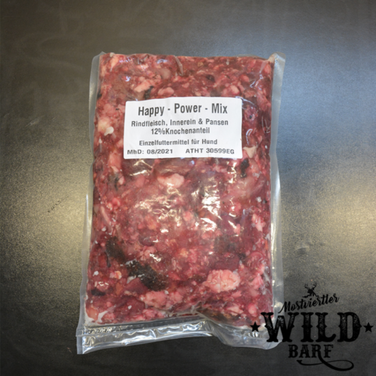 Happy-Power-Mix gewolft ca. 15% Fettanteil / 65% MF v. Rind, 13% Innereien, 11% Knochen, 11% Pansen (1kg)